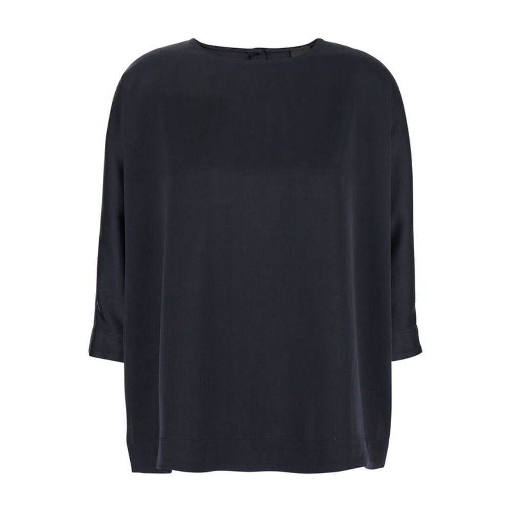 Plain Women Blue Blouse With Three-Quarter Sleeves In Satin Woman